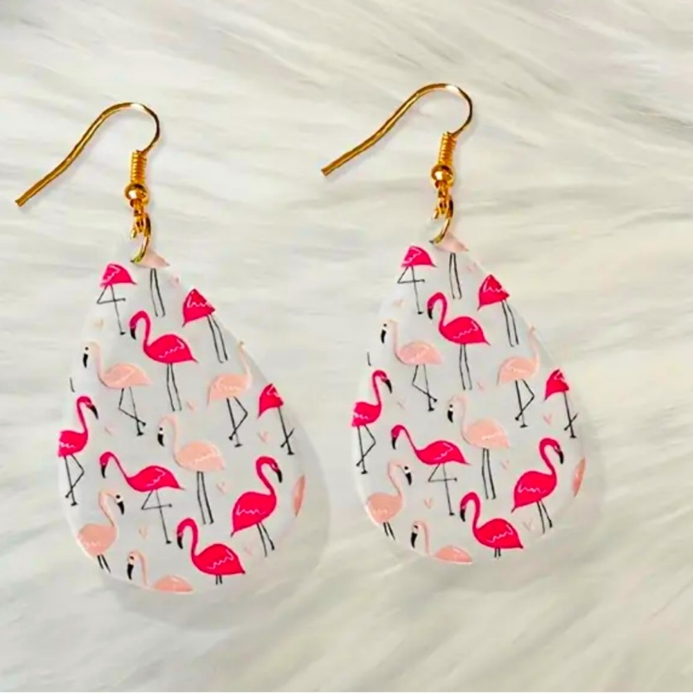 Pair of Clear Acrylic Earrings Lots of Pink Flamingos Teardrop Shape